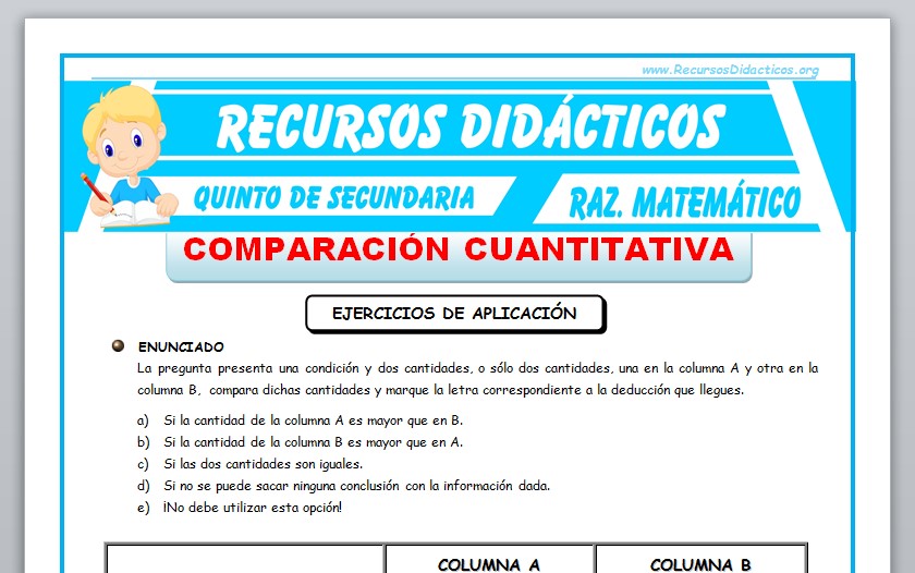 Ficha de Ejercicios de Comparaciones Cuantitativas para Quinto de Secundaria