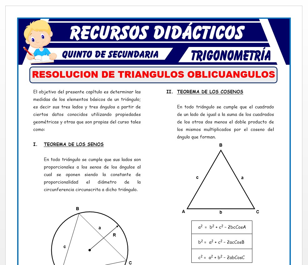 Ficha de Ejercicios de Resolución de Triángulos Oblicuángulos para Quinto de Secundaria