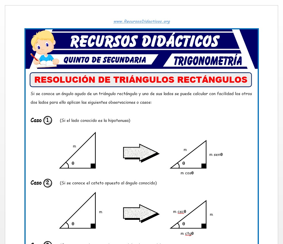 Ficha de Ejercicios de Resolución de Triángulos Rectángulos para Quinto de Secundaria