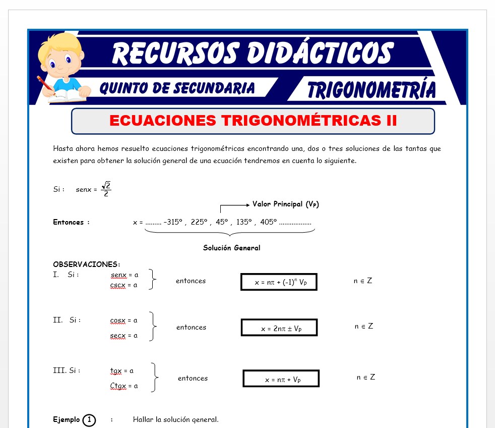 Ficha de Problemas de Ecuaciones Trigonométricas para Quinto de Secundaria