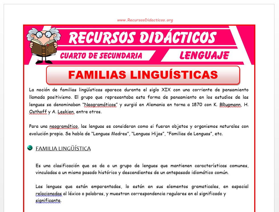 Ficha de Familias Linguisticas para Cuarto de Secundaria