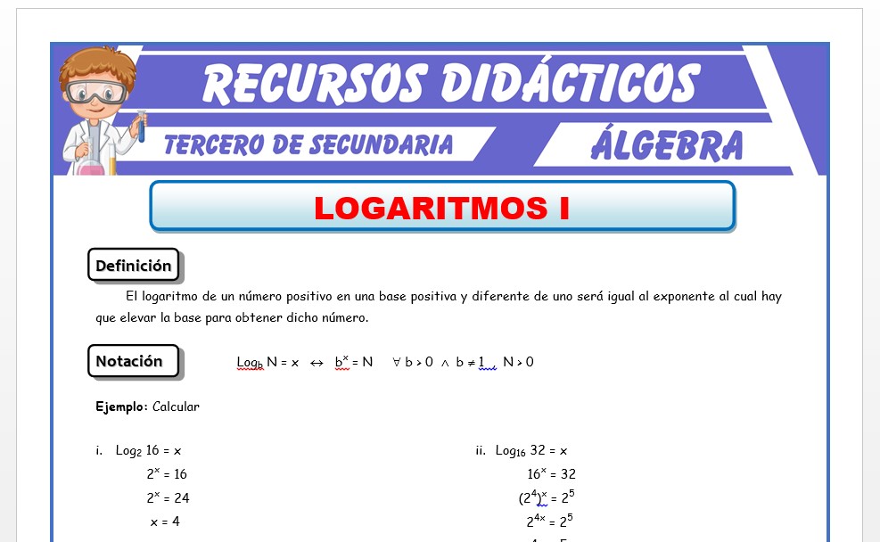 Ficha de Introduccion a los Logaritmos para Tercero de Secundaria