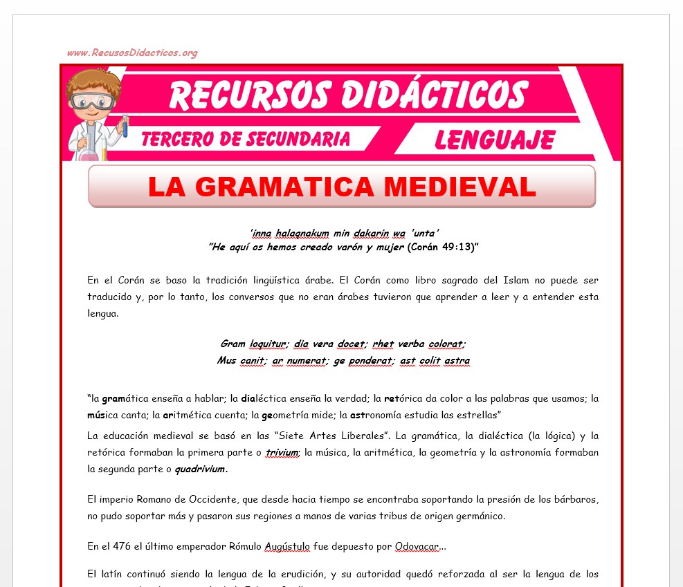 Ficha de La Gramática Medieval para Tercero de Secundaria