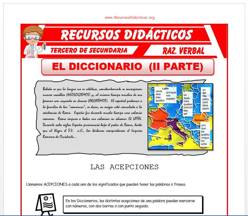 Ficha de Las Acepciones en el Diccionario para Tercero de Secundaria