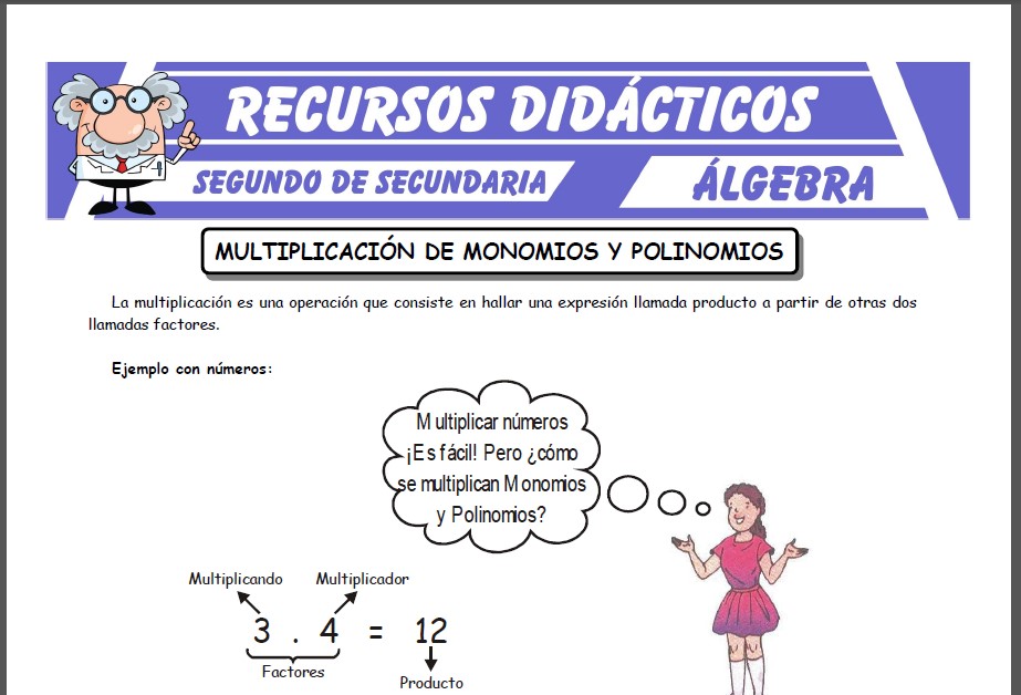 Ficha de Multiplicación de Monomios y Polinomios para Segundo de Secundaria