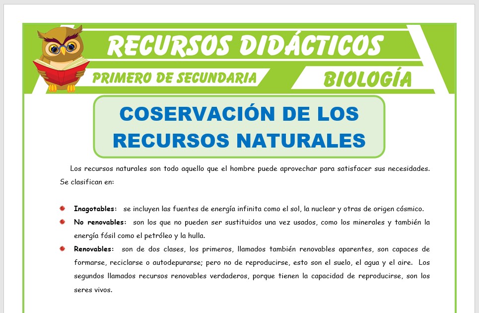 Ficha de Conservación de los Recursos Naturales para Primero de Secundaria