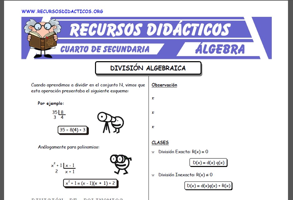 Ficha de División Algebraica para Quinto de Secundaria