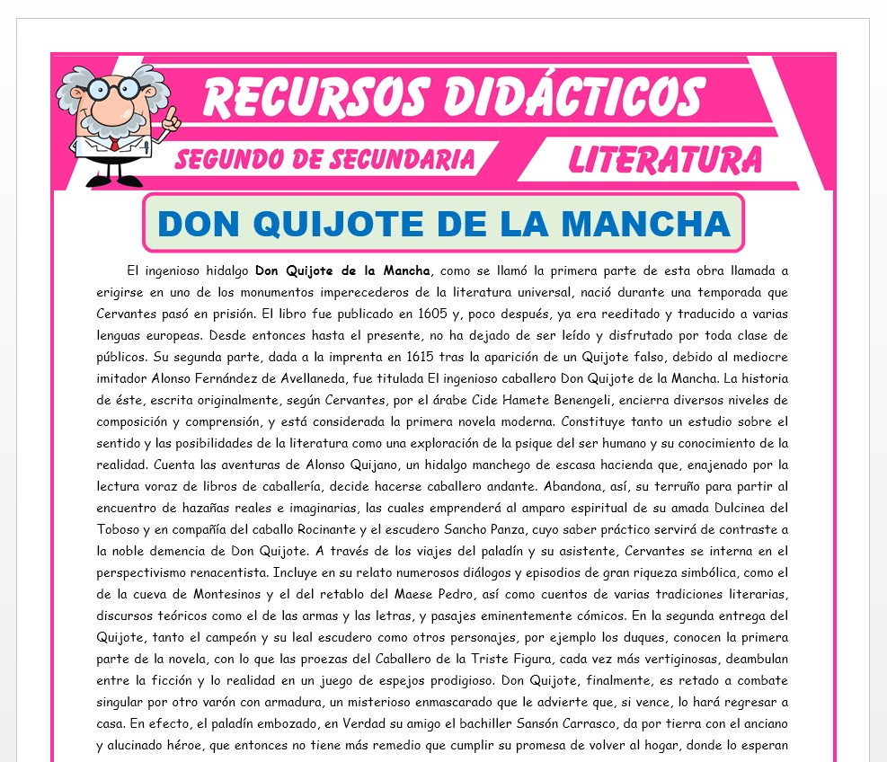 Ficha de Don Quijote de la Mancha para Segundo de Secundaria