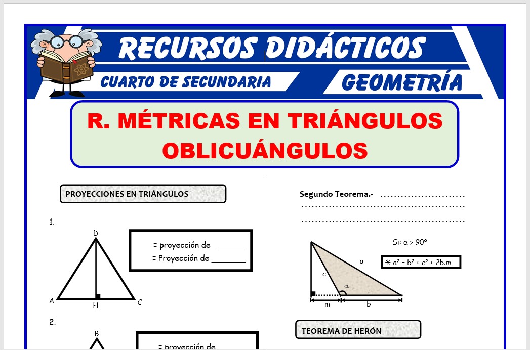 Ficha de Relaciones Métricas en Triángulos Oblicuángulos para Cuarto de Secundaria