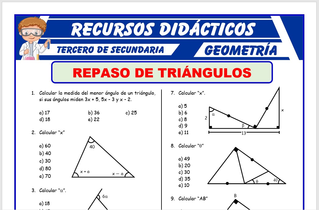 Ficha de Repaso de Triángulos para Tercero de Secundaria