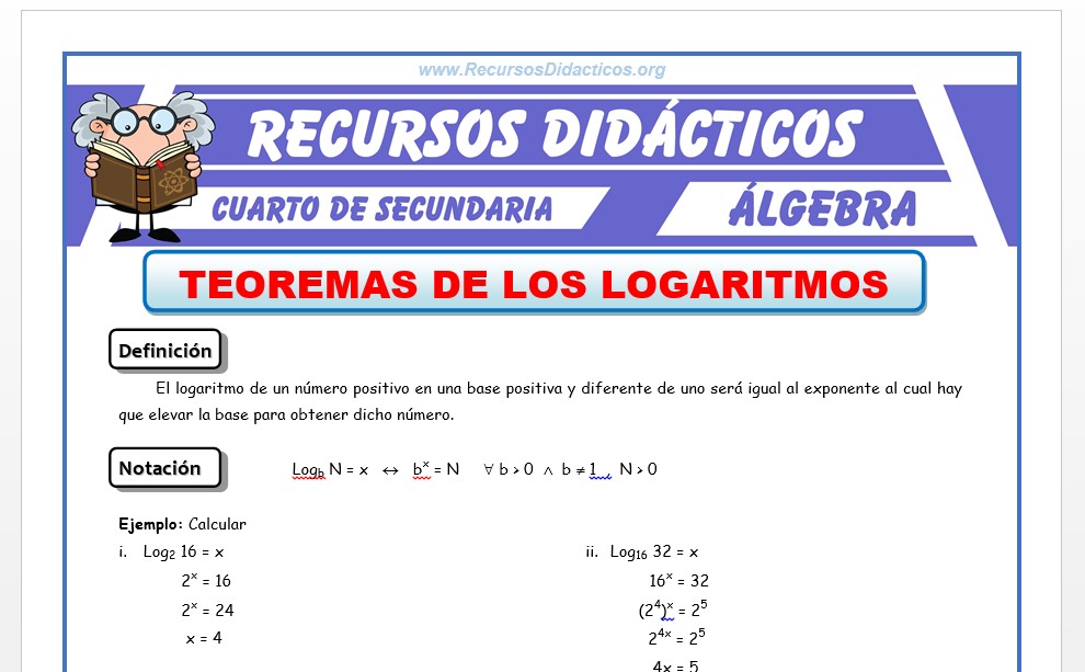 Ficha de Teoremas de los Logaritmos para Cuarto de Secundaria