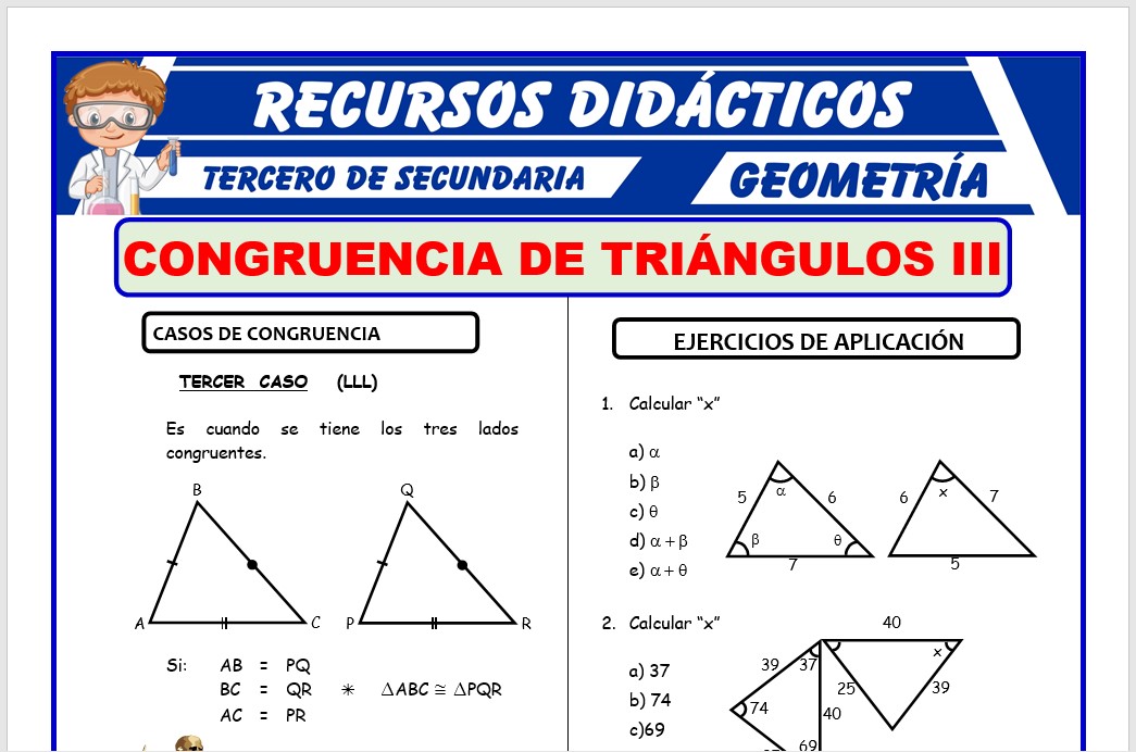 Ficha de Tercer Caso de Congruencia de Triángulos para Tercero de Secundaria
