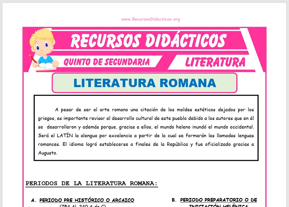 Ficha de La Literatura Romana para Quinto de Secundaria