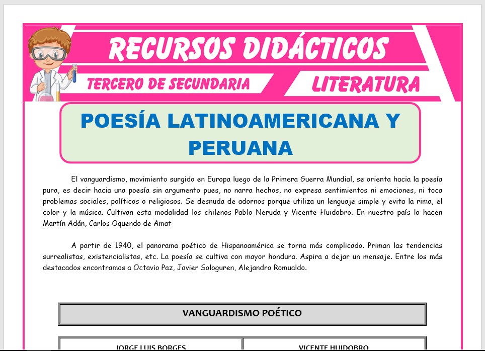 Ficha de Poesía Latinoamericana y Peruana para Tercero de Secundaria