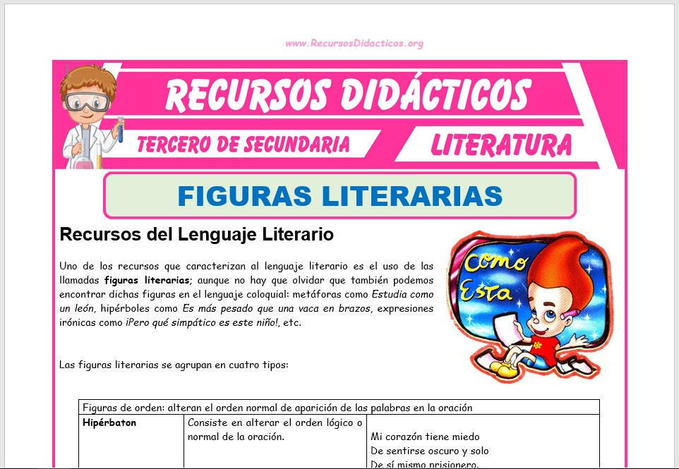 Ficha de Recursos del Lenguaje Literario para Tercero de Secundaria
