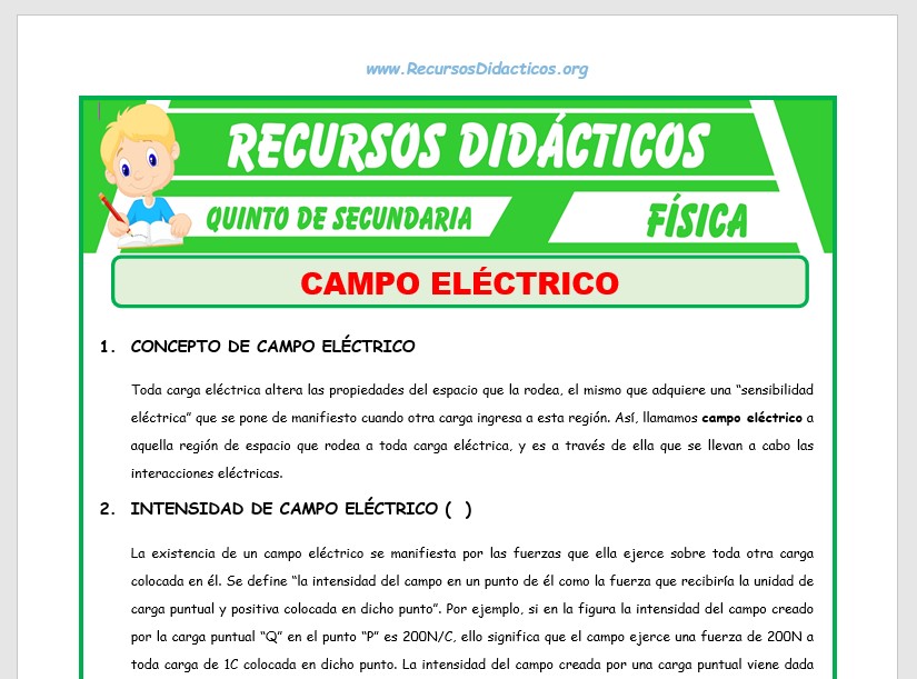 Ficha de Ejercicios de Campo Eléctrico para Quinto de Secundaria Ficha de Ejercicios de Campo Eléctrico para Quinto de Secundaria
