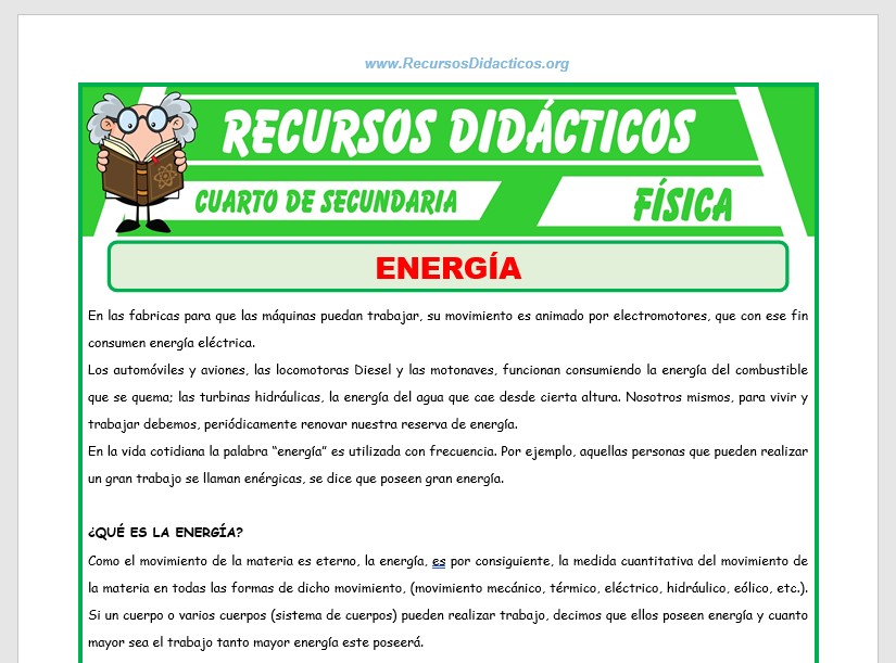 Ficha de Ejercicios de Energía Mecánica para Cuarto de Secundaria Ficha de Ejercicios de Energía Mecánica para Cuarto de Secundaria
