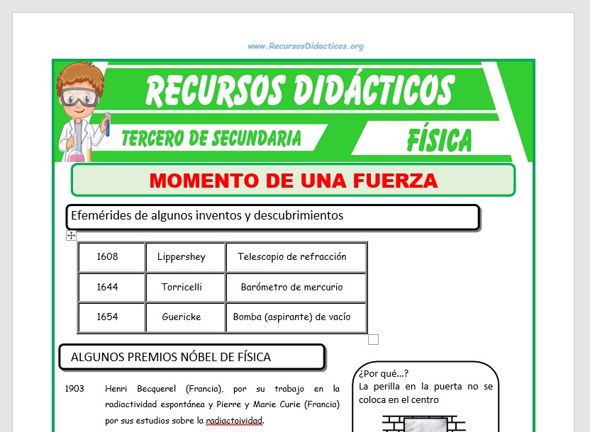Ficha de Ejercicios de Momento de una Fuerza para Tercero de Secundaria