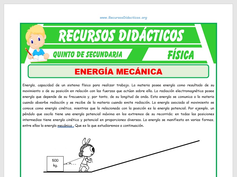 Ficha de Problemas de Energía Mecánica para Quinto de Secundaria Ficha de Problemas de Energía Mecánica para Quinto de Secundaria