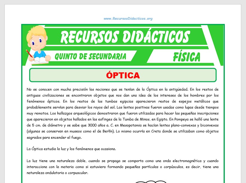 Ficha de Óptica para Quinto de Secundaria Ficha de Óptica para Quinto de Secundaria