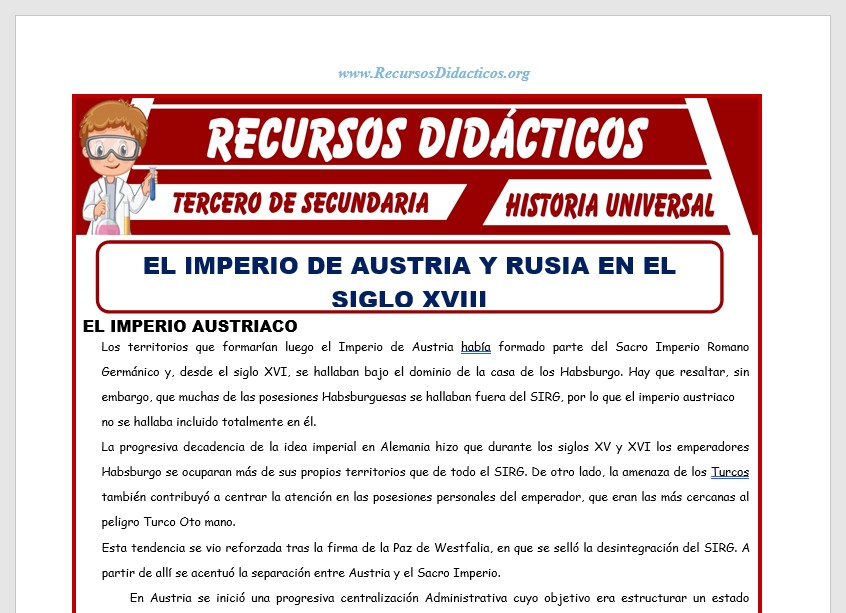 Ficha de El Imperio de Austria y Rusia en el Siglo XVIII para Tercero de Secundaria Ficha de El Imperio de Austria y Rusia en el Siglo XVIII para Tercero de Secundaria