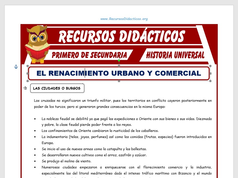 Ficha de El Renacimiento Urbano y Comercial para Primero de Secundaria