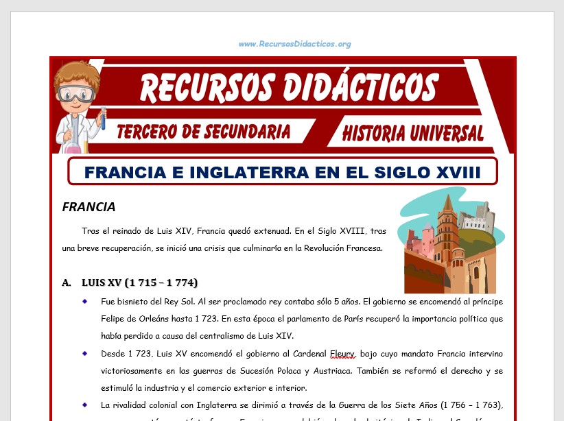 Ficha de Francia e Inglaterra en el Siglo XVIII para Tercero de Secundaria