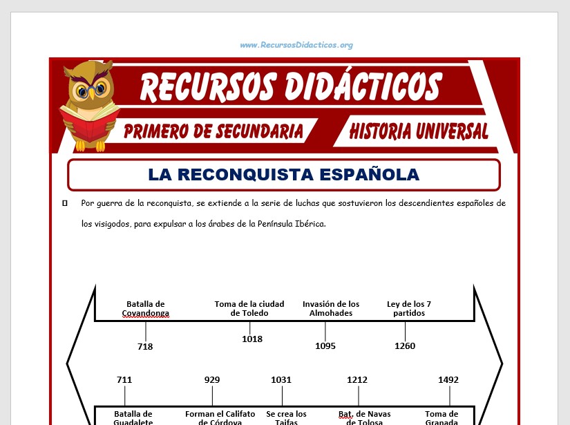 Ficha de La Reconquista Española para Segundo de Secundaria Ficha de La Reconquista Española para Segundo de Secundaria