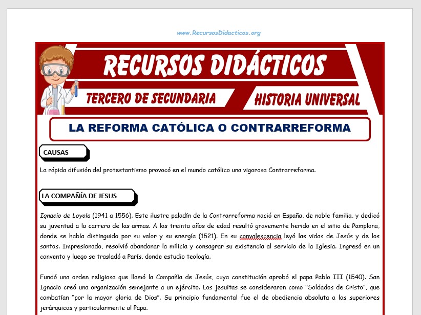 Ficha de La Reforma Católica o Contrarreforma para Tercero de Secundaria