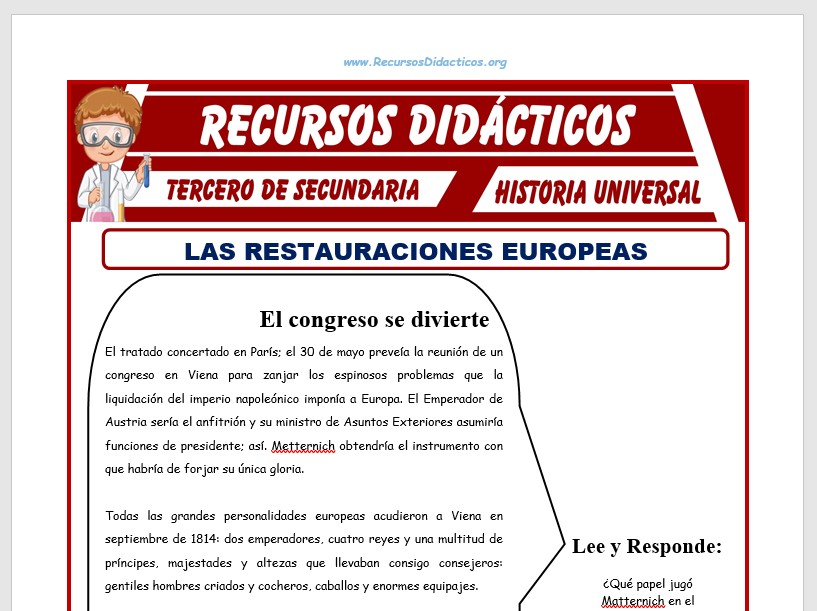 Ficha de Las Restauraciones Europeas para Tercero de Secundaria Ficha de Las Restauraciones Europeas para Tercero de Secundaria