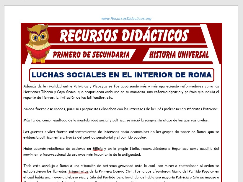 Ficha de Luchas Sociales en el Interior de Roma para Primero de Secundaria
