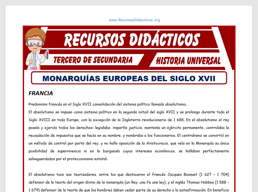 Ficha de Monarquias Europeas del Siglo XVII - Francia para Tercero de Secundaria Ficha de Monarquias Europeas del Siglo XVII - Francia para Tercero de Secundaria