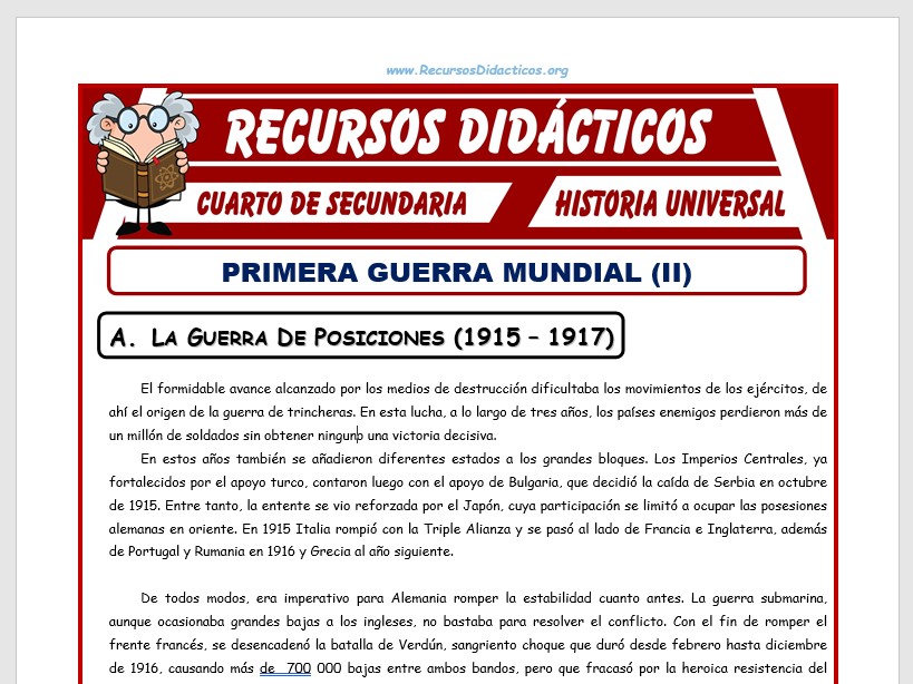 Ficha de Primera Guerra Mundial II para Cuarto de Secundaria