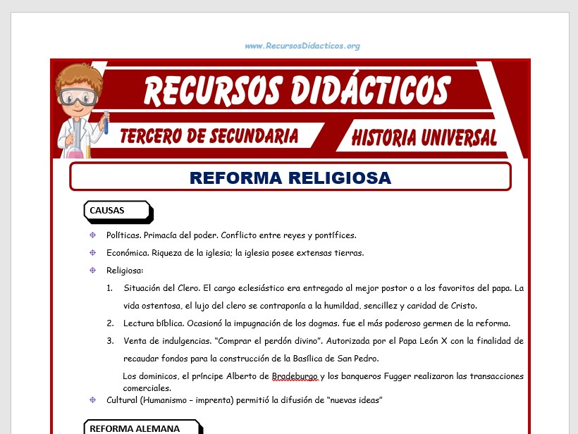 Ficha de Reforma Religiosa para Tercero de Secundaria