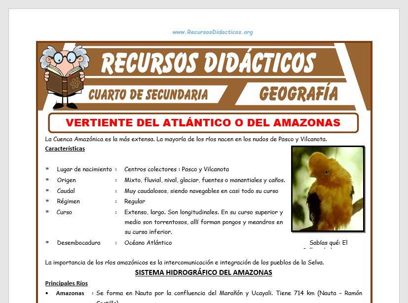 Ficha de Vertiente del Atlántico o del Amazonas para Cuarto de Secundaria Ficha de Vertiente del Atlántico o del Amazonas para Cuarto de Secundaria