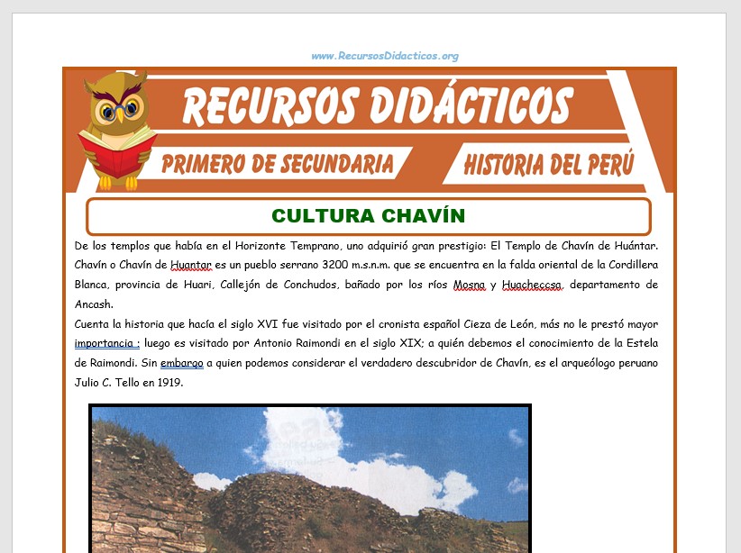 Ficha de Cultura Chavín para Primero de Secundaria