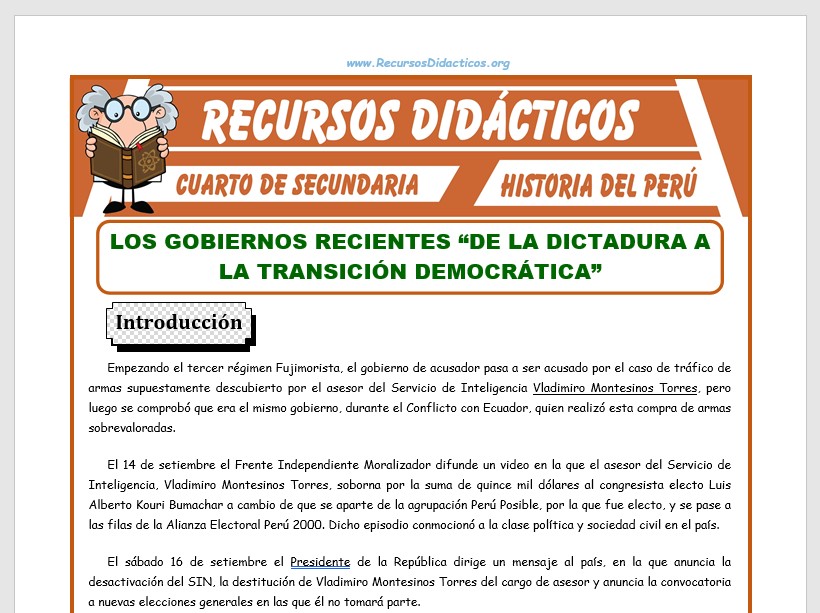 Ficha de Gobierno de Transición de Valentín Paniagua para Cuarto de Secundaria