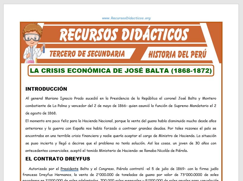 Ficha de La Crisis Económica de José Balta para Tercero de Secundaria