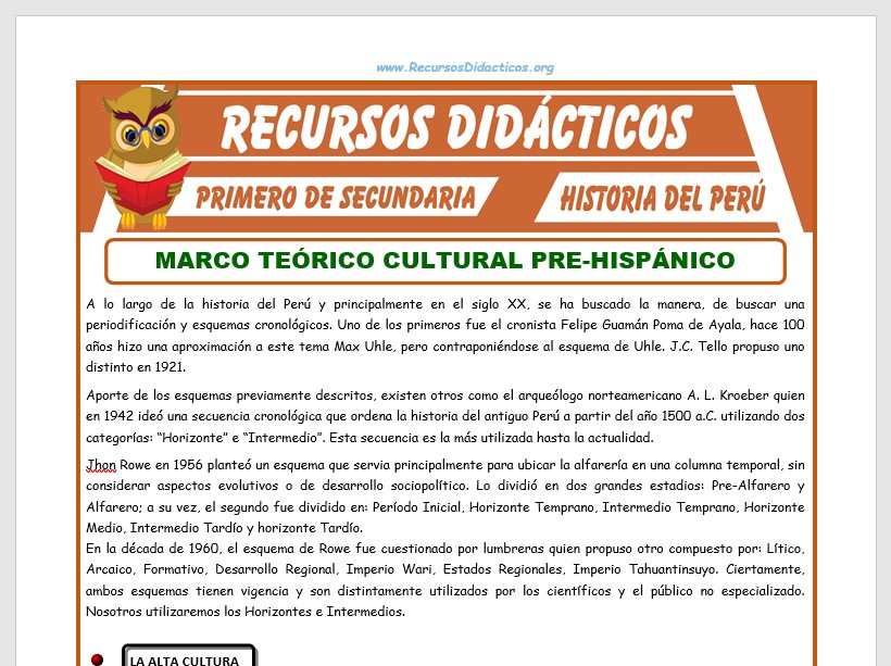 Ficha de Marco Teórico Cultural Pre-Hispánico para Primero de Secundaria