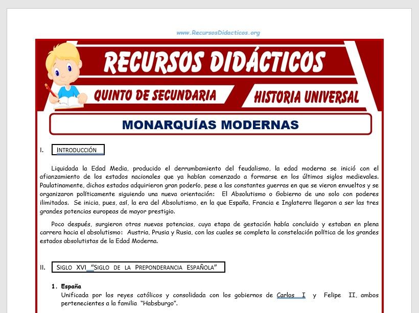 Ficha de Monarquías Modernas para Quinto de Secundaria