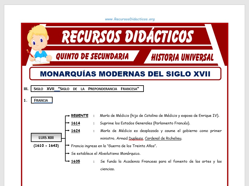 Ficha de Monarquías del Siglo XVII para Quinto de Secundaria