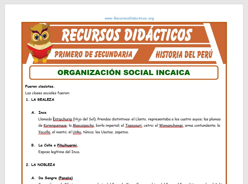 Ficha de Organización Social Incaica para Primero de Secundaria