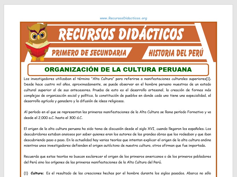 Ficha de Organización de la Cultura Peruana para Primero de Secundaria