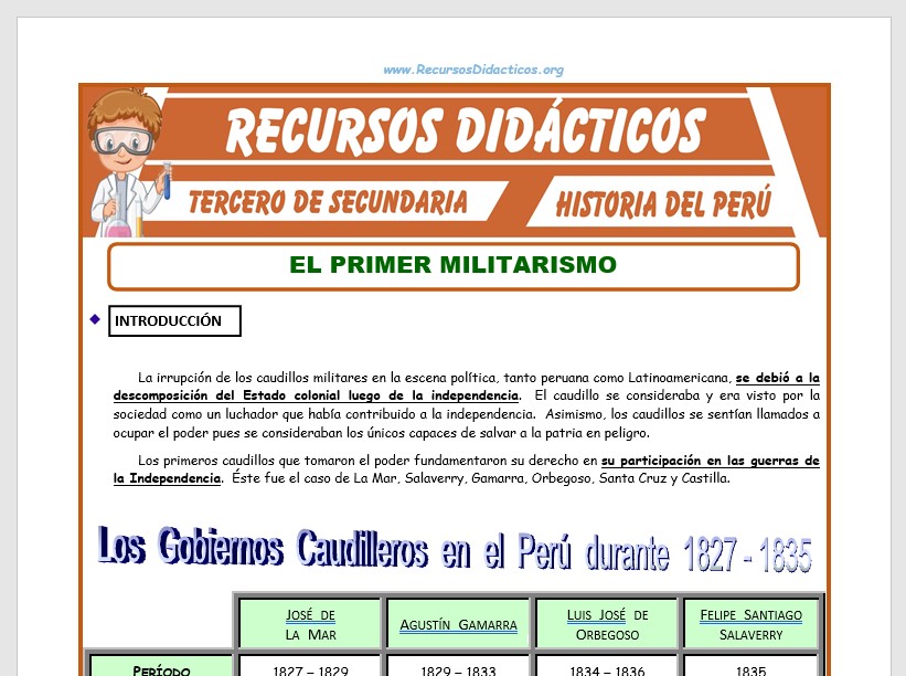 Ficha de Primer Militarismo para Tercero de Secundaria