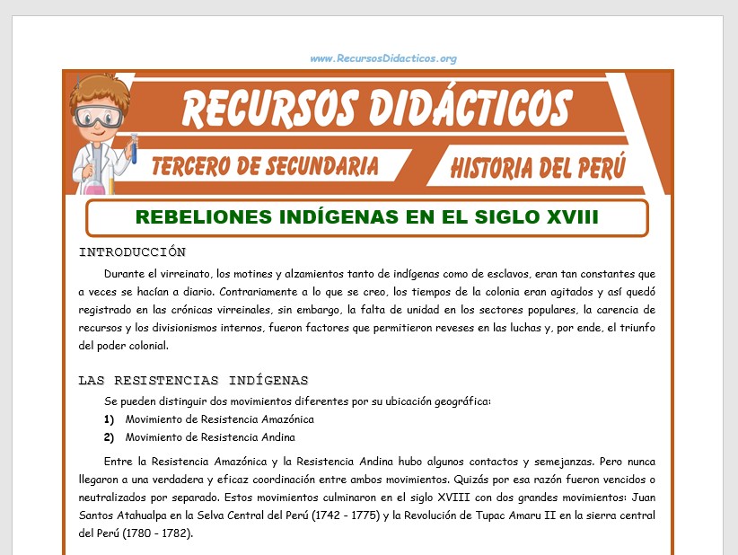 Ficha de Rebeliones Indígenas en el Siglo XVIII para Tercero de Secundaria