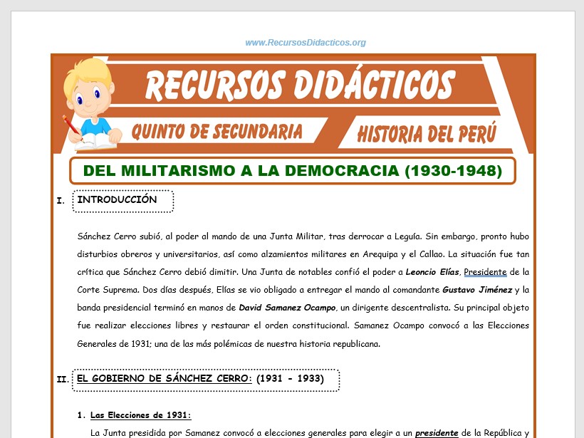 Del Militarismo a la Democracia de 1930 a 1948 para Quinto de Secundaria