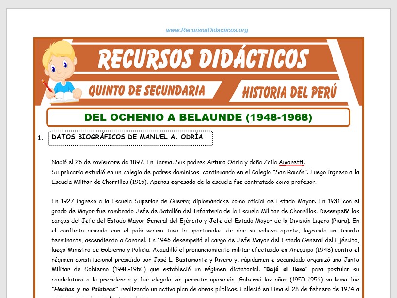 Ficha de Del Ochenio a Belaunde de 1948 a 1968 para Quinto de Secundaria