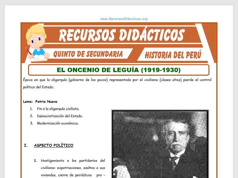 Ficha de El Oncenio de Leguía de 1919 a 1930 para Quinto de Secundaria
