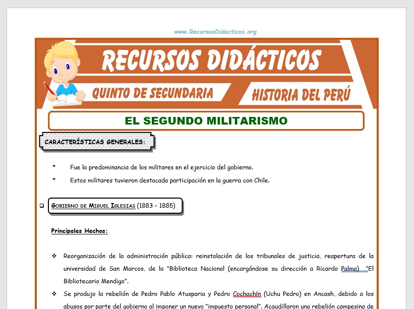 Ficha de El Segundo Militarismo en el Perú para Quinto de Secundaria