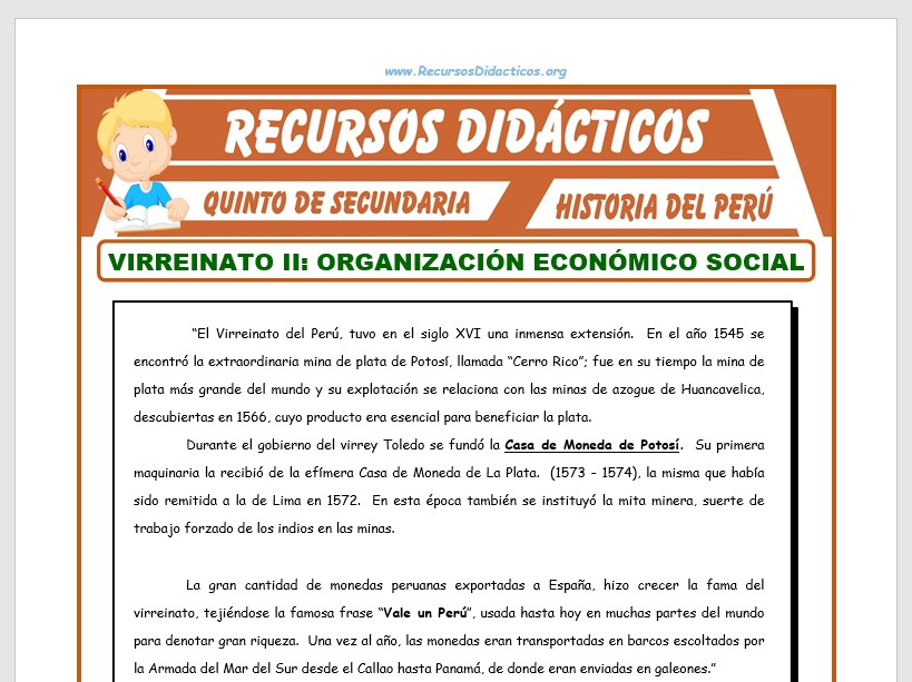 Ficha de El Virreinato y su Organización Económica Social para Quinto de Secundaria